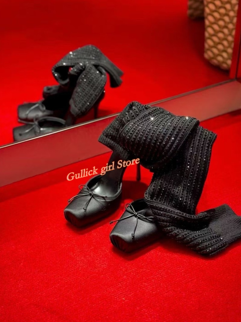 Red Knit Square Toe Boots Cut  - Knee High Sock Women avis et prix